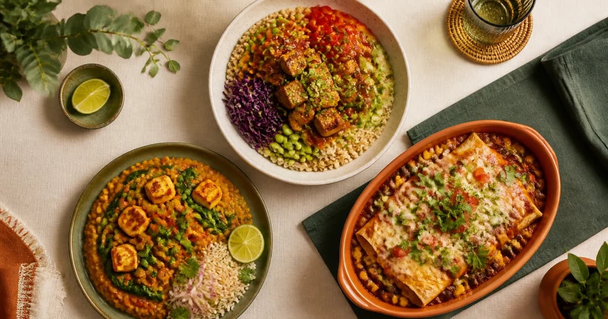 Three colorful vegetarian dinners on a warm table